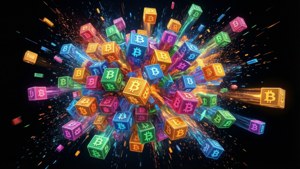 色彩繽紛的比特幣立方體在宇宙爆發中爆炸，帶有發光的軌跡。