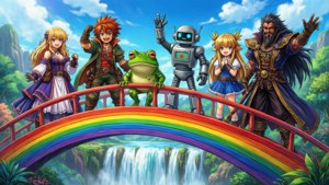 六個動漫風格的奇幻角色在瀑布上的彩虹橋上擺姿勢。