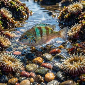 色彩繽紛的魚兒在海葵和光滑石頭間游動。 — Pixel Watch 3 壁紙