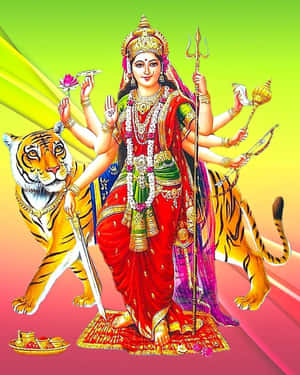 印度教女神杜爾迦多臂持武器，站在兩隻老虎旁邊。 — Maa Durga 壁紙