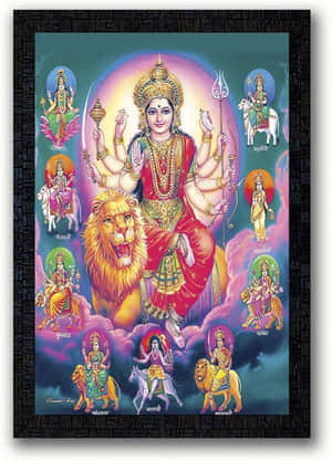 印度教女神杜爾迦十臂騎獅，被她的九種形態環繞。 — Maa Durga 壁紙