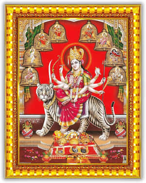 印度教女神杜爾迦騎著老虎，十隻手臂持有武器和符號。 — Maa Durga 壁紙