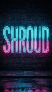 磚牆上寫著SHROUD的霓虹燈牌，夜間在潮濕的人行道上映出彩色倒影。