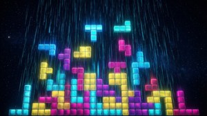 霓虹俄羅斯方塊在星光閃爍的太空場景中如雨般落下。