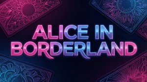 霓虹發光標題 Alice in Borderland 被裝飾性撲克牌環繞。