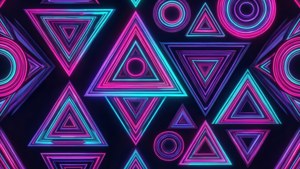 霓虹幾何形狀在數位抽象圖案中發光。