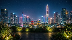 從花園露台觀賞，現代城市天際線的夜景，建築物燈火通明，星空閃耀。