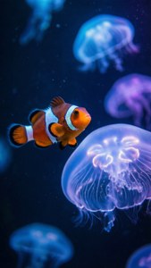 小丑魚在黑暗的海水中靠近發光的水母游泳。