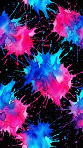 黑色背景上帶有粉紅色和藍色油漆飛濺的抽象藝術作品
