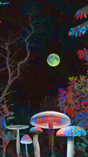 在綠色月亮和星星下的魔法夜森林中發光的蘑菇。 — 蘑菇美學 壁紙
