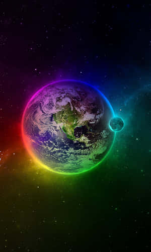 在繁星點點的太空中帶有彩虹光環的地球，附近有一個小月亮。 — Galaxy Tab A11 壁紙