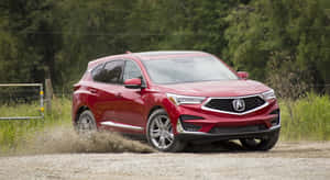 紅色Acura SUV在森林圍欄附近的碎石路上行駛 — Acura 壁紙