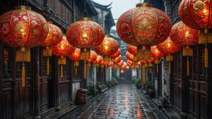帶有金色設計的紅色燈籠在夜晚照亮濕漉漉的石板小巷。