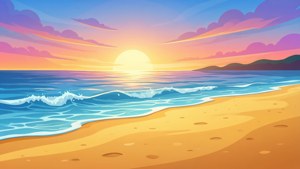 日落海洋，沙灘上波浪，色彩繽紛雲朵下。