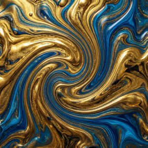 金色和藍色液體顏料的動態漩渦，帶有金屬光澤。