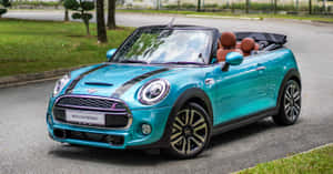 青綠色MINI Convertible停在道路上，背景有草地和樹木。 — 霓虹車 壁紙