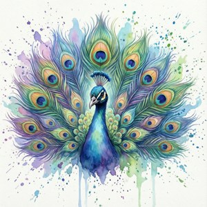 色彩繽紛的水彩畫，描繪一隻尾巴羽毛展開的孔雀。