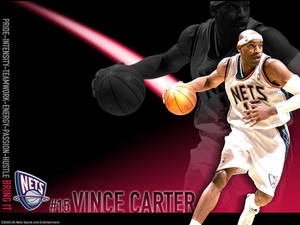 Vince Carter 身穿籃網隊球衣運球，帶有紅色光線軌跡。 — 文斯·卡特 壁紙