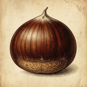 復古插圖，描繪單顆栗子於舊紙上，帶有精細的線條陰影。