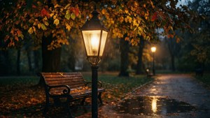 在雨夜秋園中，長椅旁發光的路燈。