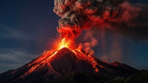 夜晚火山爆發，在星空下噴出發光熔岩和紅色煙霧。