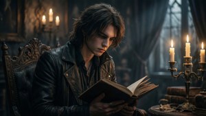 V在昏暗的哥德式場景中閱讀一本書。