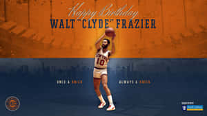 Walt Clyde Frazier 身穿尼克隊球衣投籃，附有生日訊息。 — 運動 壁紙