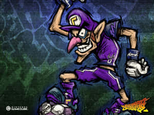Waluigi 以足球姿勢，咧嘴大笑，舉起拳頭。 — 深色主題 壁紙
