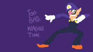 Waluigi 自信姿勢配以 Too Bad Waluigi Time 文字在紫色背景上 — 可愛的動漫角色 壁紙