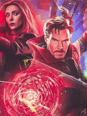 Wanda Maximoff 與奇異博士在魔法戰鬥場景中，伴隨著發光的紅色能量。 — 末日博士 壁紙