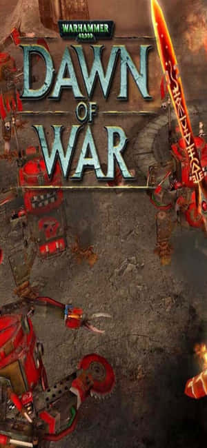 Warhammer 40k Dawn of War 遊戲封面，紅色裝甲車輛和發光武器。 — iPhone 15 壁紙