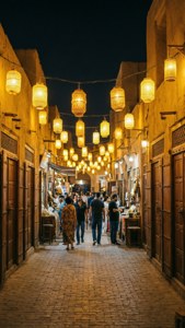 夜市小巷，掛著燈籠照明，人們在石建築之間行走。