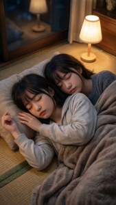 兩個女孩在安靜的房間裡，在溫暖的燈光下一起睡在榻榻米上。