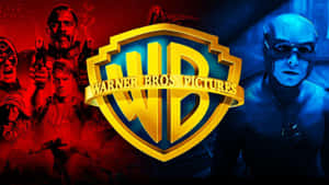 Warner Bros Pictures 標誌與紅色和藍色調的動作及超級英雄角色。 — 超級瑪利歐兄弟大亂鬥 壁紙