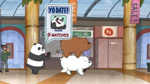 《We Bare Bears》中的熊貓在購物中心騎著北極熊，檢查顯示零配對的約會應用程式。 — 熊熊遇見你 GIF 壁紙
