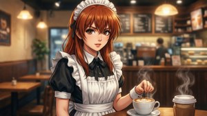 動漫女服務生在溫暖燈光的舒適咖啡廳裡攪拌咖啡。