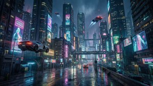 雨濕的霓虹街道，有飛車和高聳的摩天大樓的夜景。