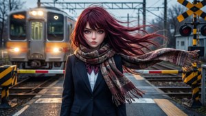 戴圍巾的動漫女孩站在火車平交道，火車駛近