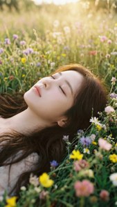 年輕女子在陽光明媚的草地上，在野花叢中安詳地睡著。
