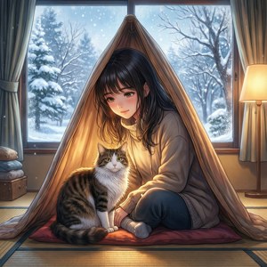 下雪的冬日，女孩和貓咪在窗邊毯子下依偎。
