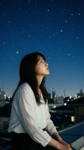 身穿白色襯衫的女性在夜晚的城市屋頂上仰望星星。