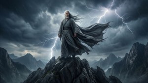 古代巫師在雷暴中站在岩石山峰上，閃電照亮了他的斗篷。