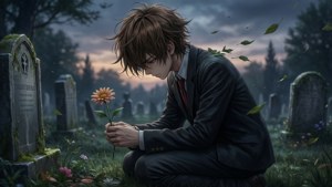 年輕男子穿西裝跪在墓旁，手持橙色花朵，黃昏時分