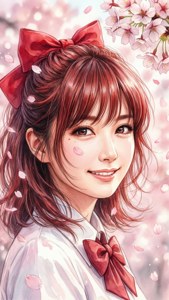 動漫女孩，紅色蝴蝶結，櫻花飄落在她周圍。