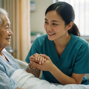 護士在病房中帶著溫暖微笑握住老年病人的手。