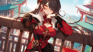 穿著紅色服裝的動漫女孩靠在木製陽台上，身後有傳統建築。 — 原神 雷電將軍 壁紙