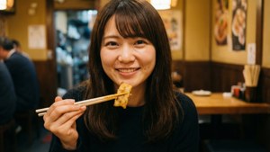 女子在餐廳裡微笑著用筷子夾著食物。