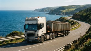 白色Scania卡車在沿海公路行駛，有海洋和懸崖