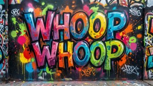 在深色城市牆壁上閱讀 whoop whoop 的彩色塗鴉文字。 — Icp 壁紙