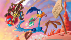 Wile E. Coyote 在沙漠中追逐Road Runner，有學校標誌和飛舞的書籍。 — 樂一通 壁紙